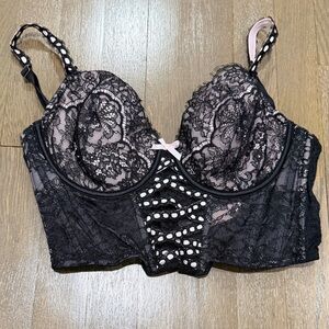 Victoria's Secret Corset S DD Black Lace Bra with Pink Accents